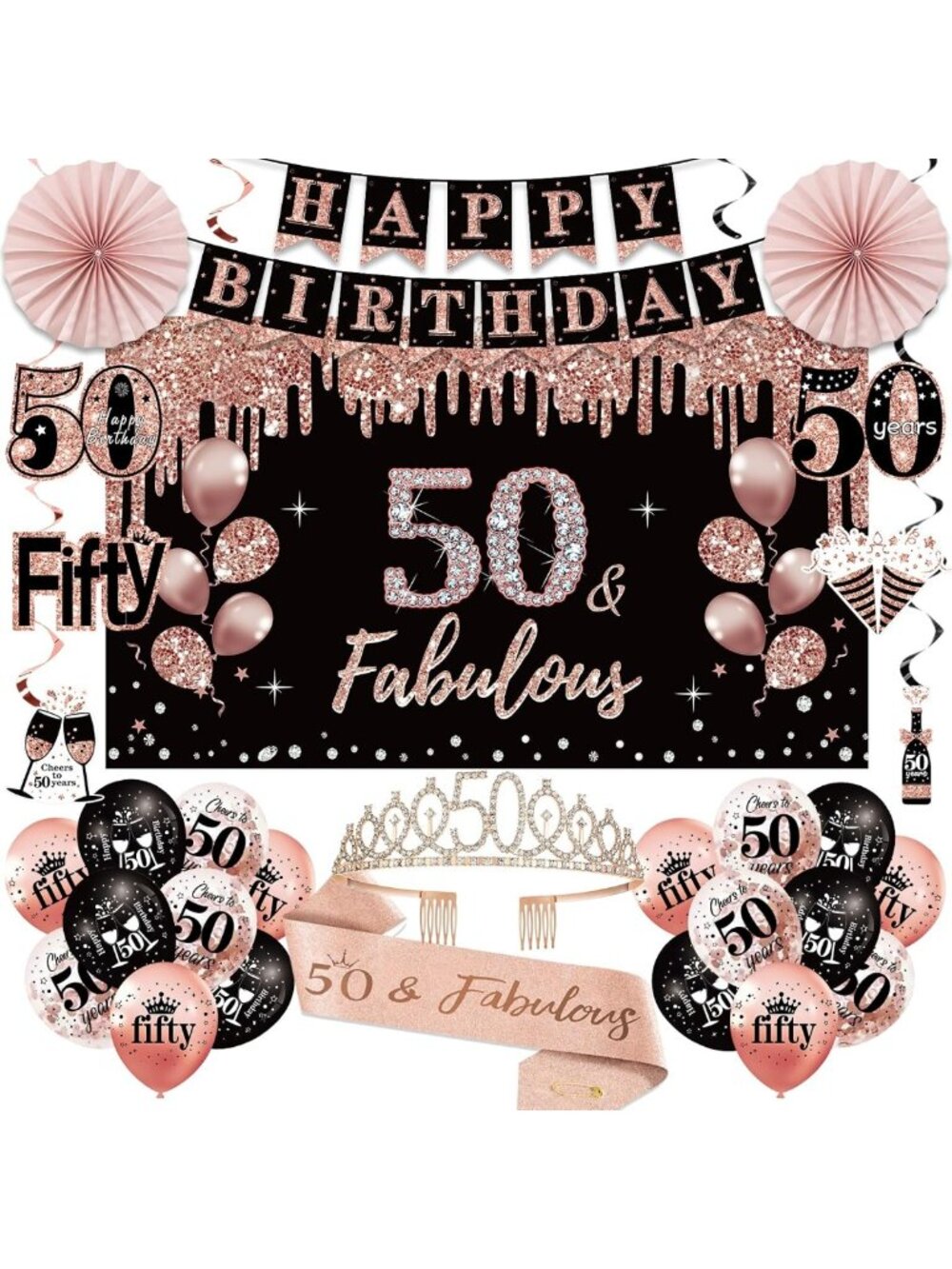 50th Birthday Decorations for Women - Happy 50th Banner, Crown & Sash Set